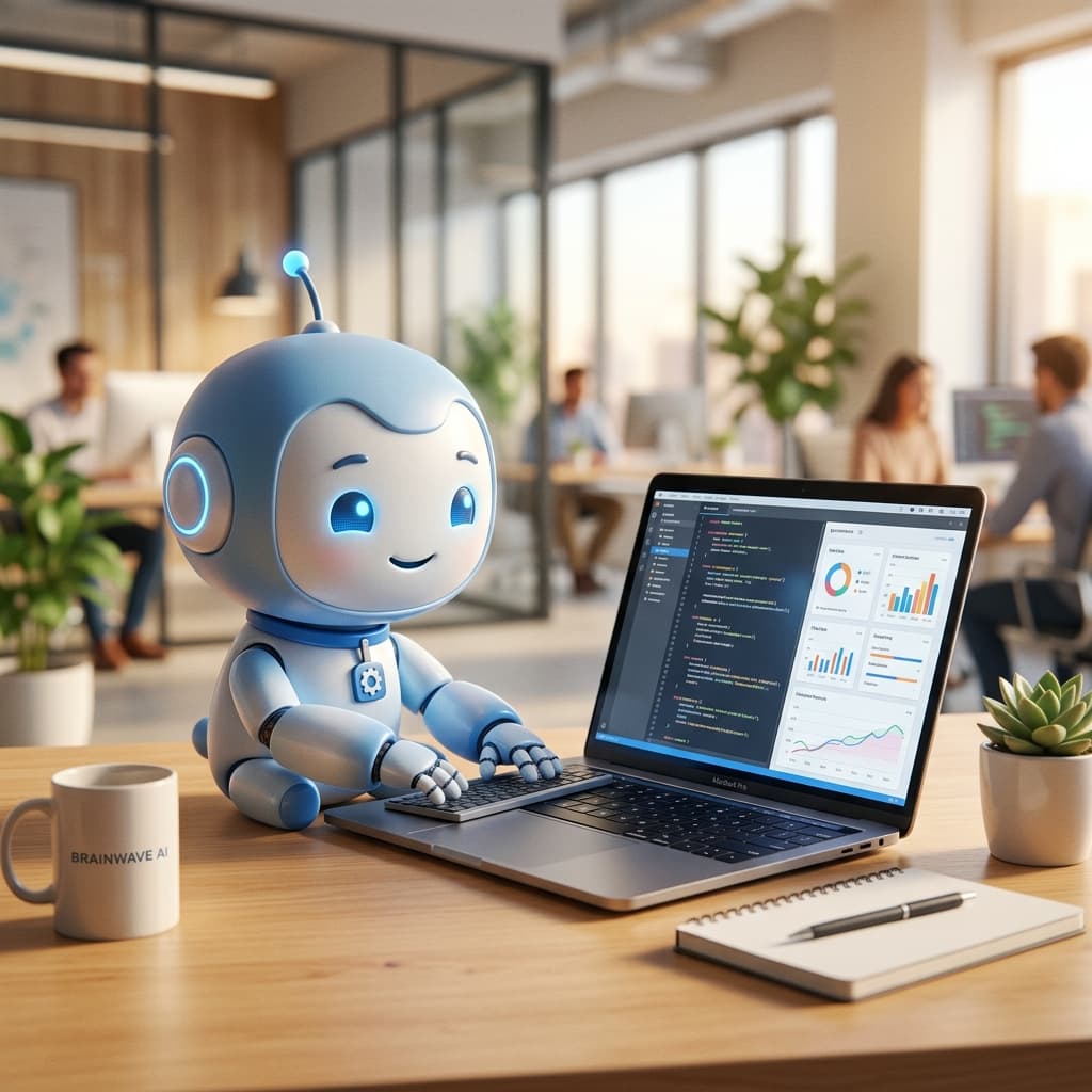 AIの係が机の上でタイピングを手伝う3Dロボットのメインビジュアル