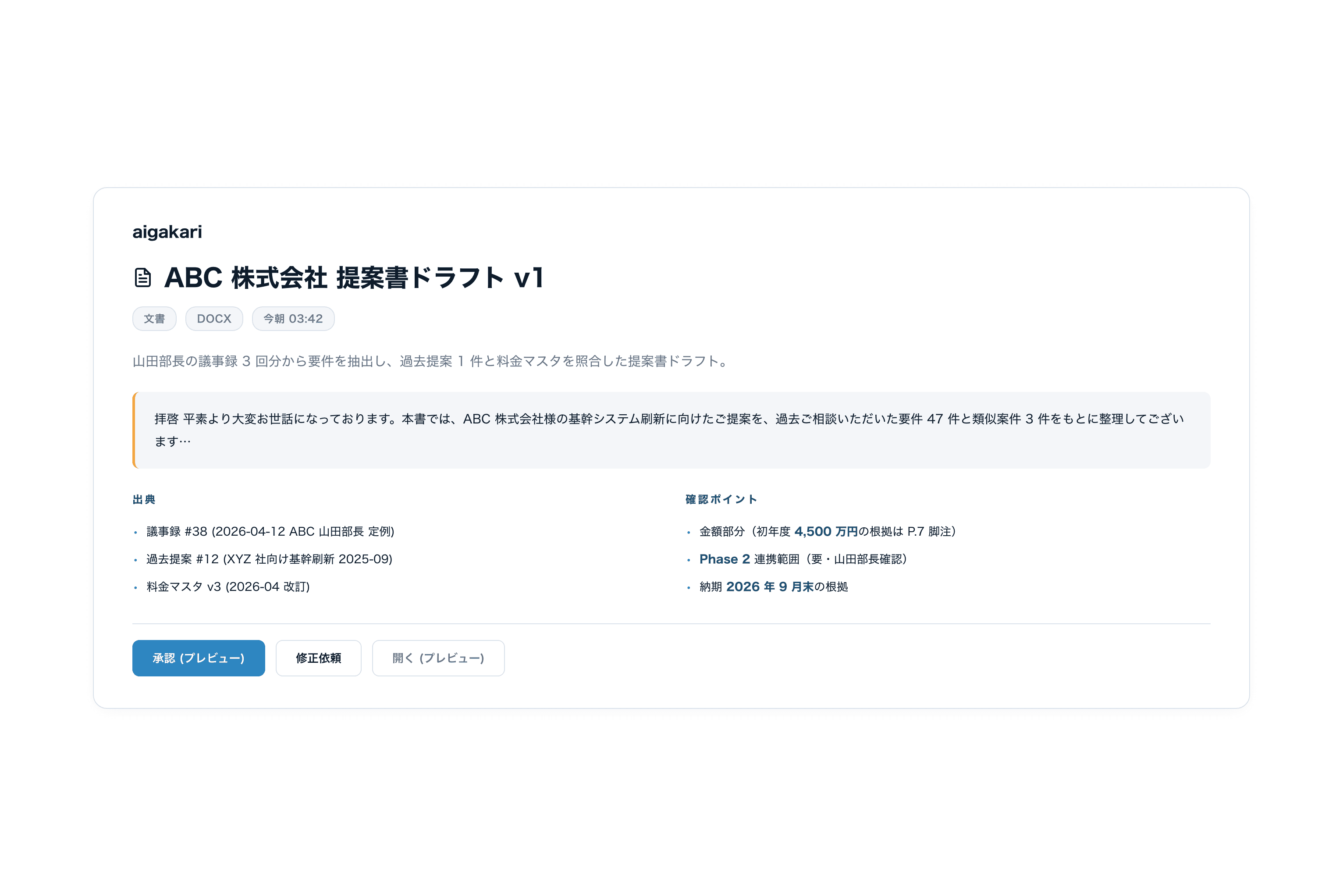 ダッシュボード『机の上』の成果物カード。出典と確認ポイント、人間レビューのボタンが付いた提案書ドラフト。